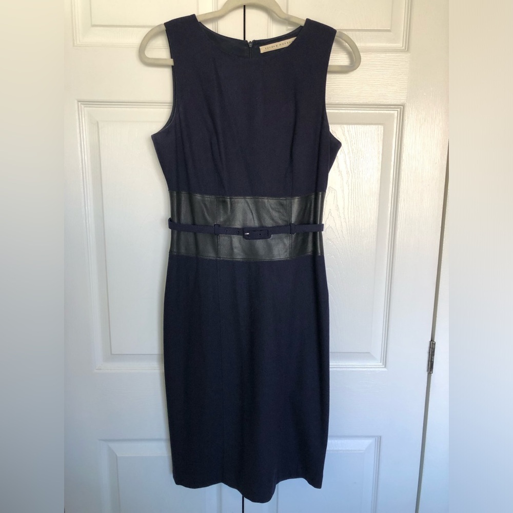 Susana Monaco Navy Wool And Black Leather Belted Dress Size 6